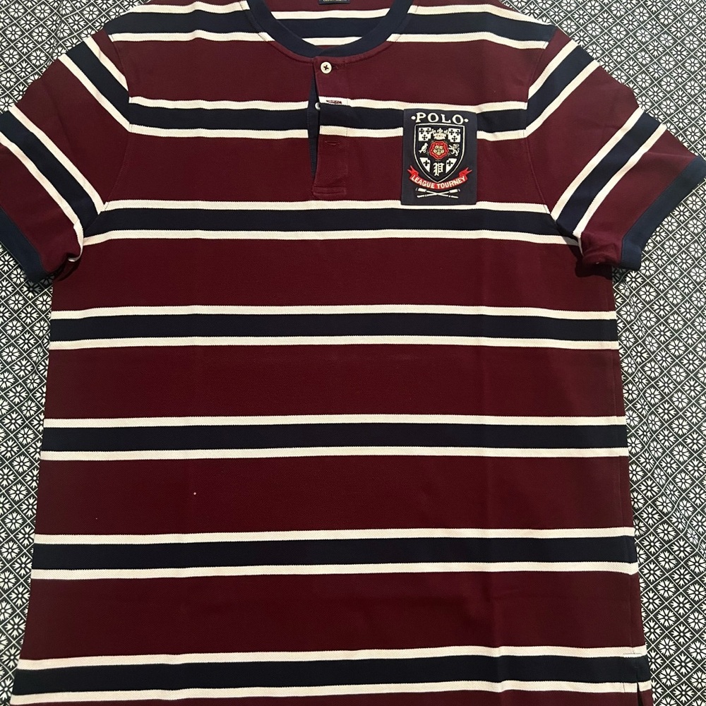 Polo by Ralph Lauren Maroon and White Striped Henley Short Sleeve Tee